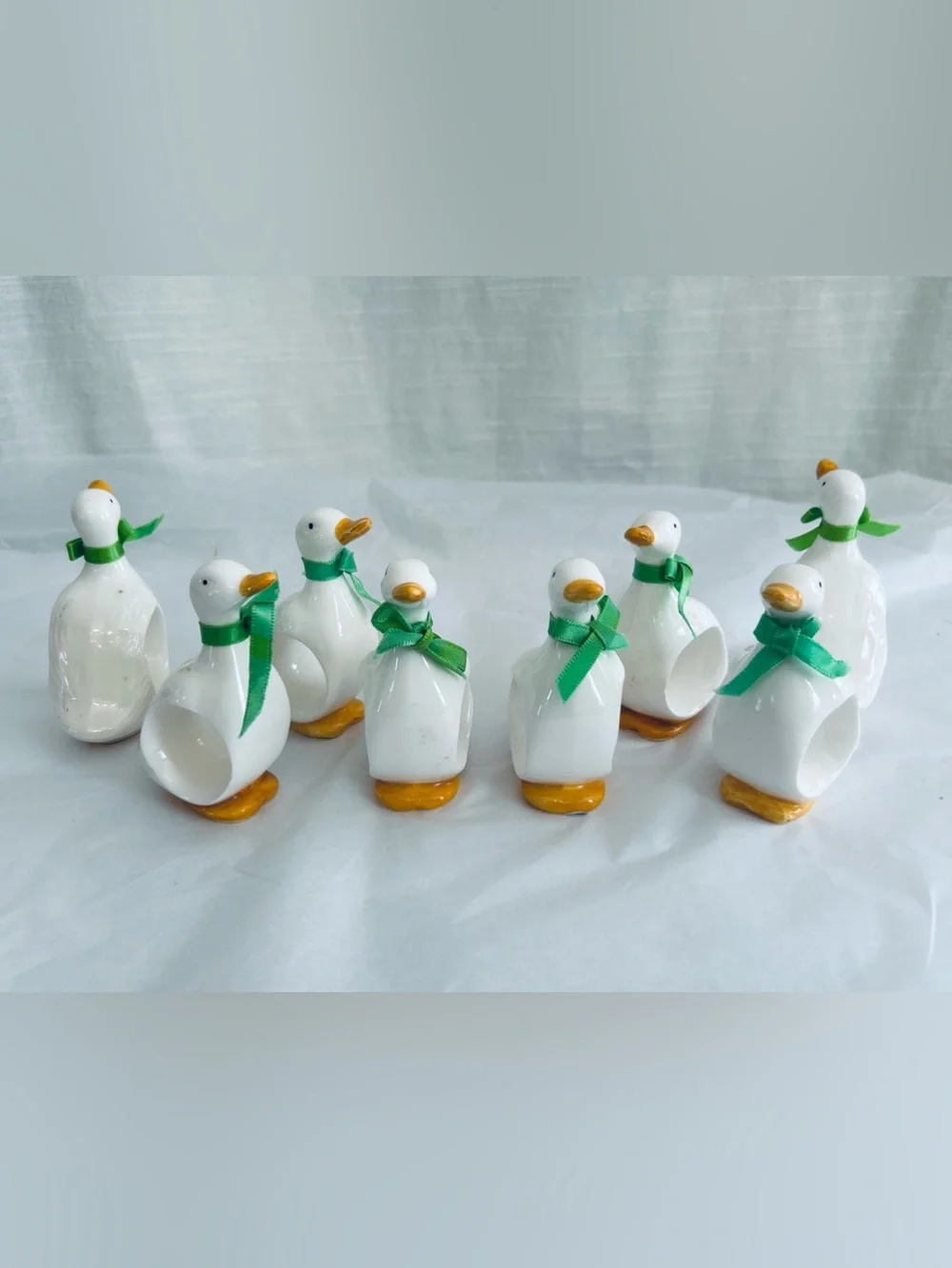 Vintage 1983 R, Gavalon Collectible Ceramic Duck Napkin Rings with Green Bows